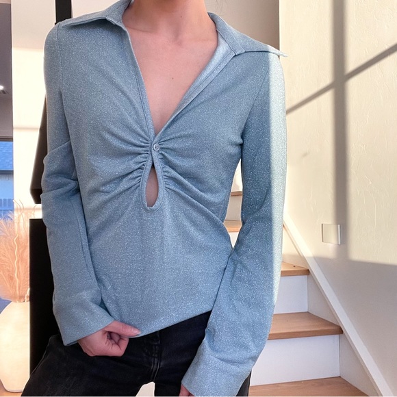 Zara Open Detail Ruched Blue Metallic Silver Keyhole Knit Y2K Blouse Top Medium - Picture 1 of 7